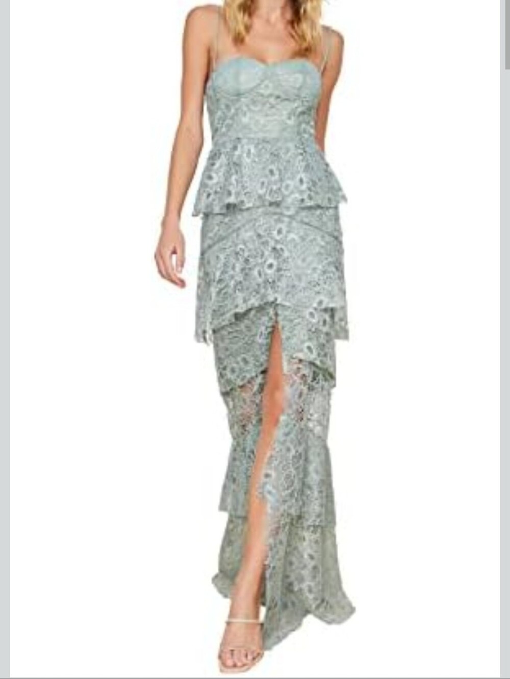 Trendyol Mint Ruffle Tiered Lace Evening Maxi Dress Slit EU 38 (M) New